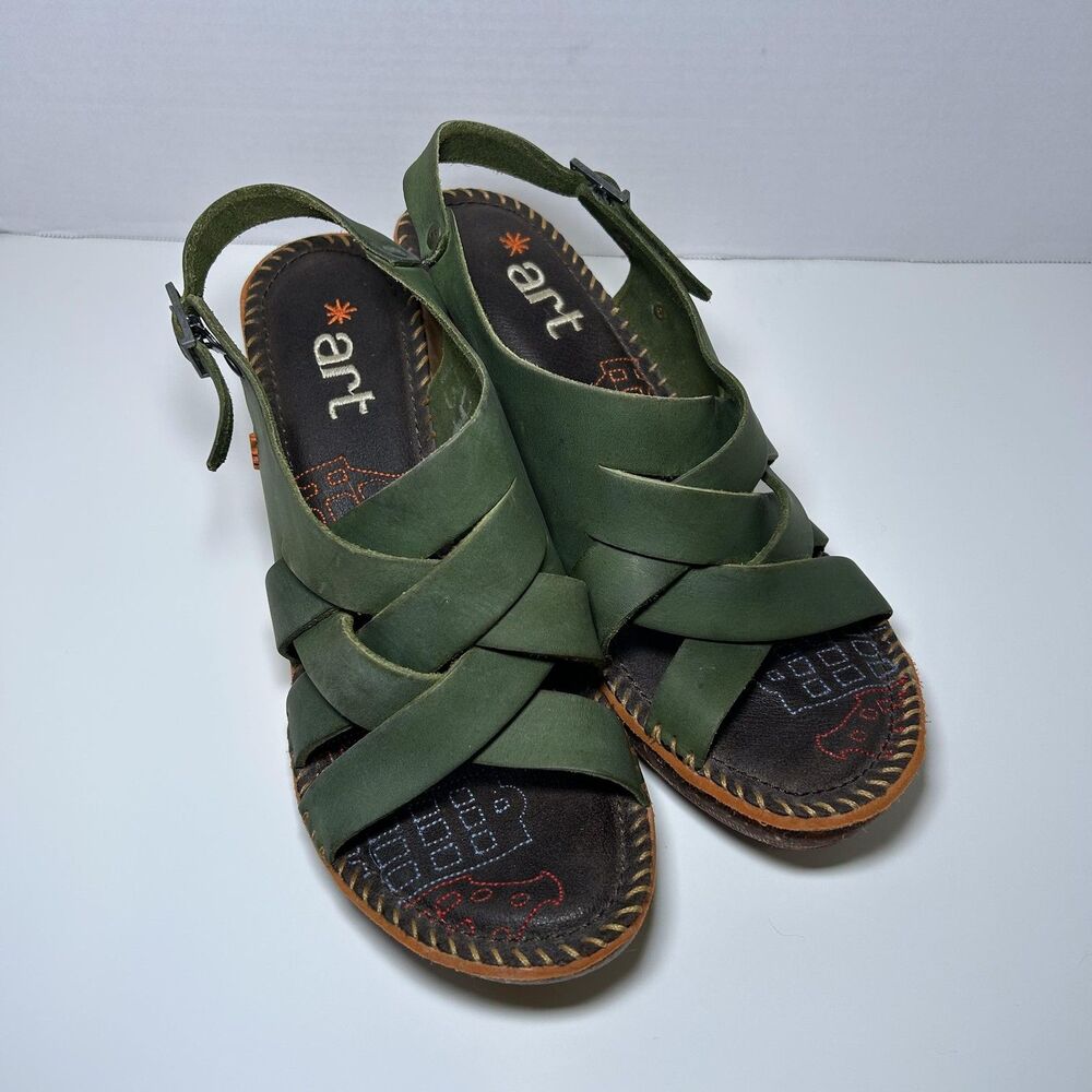 Art 323 Sandal Shoes Womens Size 9 Green Leather Strappy Block Heel Buckle
